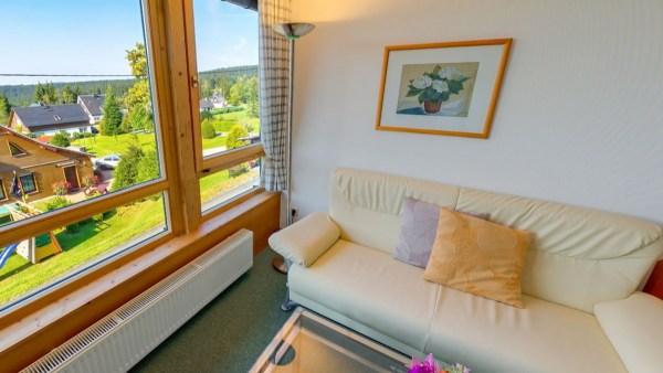 Holzfenster bei Tag, Sofa, Wandbild mit Blumentopf, Heizung. Alles als Teilansicht eines Hotelzimmers.