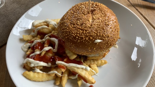 Auf einem Teller Cheeseburger mit Pommes Frites. Auf den Pommes Frites ist Ketchup und Majonäse. Der Burger ist nur von oben zu sehem. Auf dem Burgerbrötchem sind Sesamkerne.