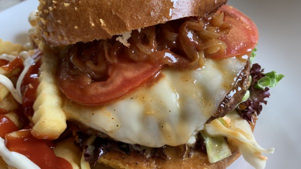 Cheeseburger in Nahaufnahme halb geöffnet: Brötchenhälfte, karameliserte Zwiebeln, Tomaten, Käse, Fleisch-Pattie, Salat, untere Brötchenhälfte. Links daneben Pommes mit Ketchup und Majo.