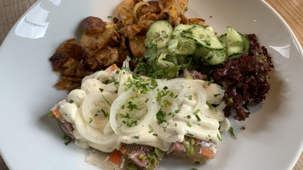 Auf einem Teller: Bratkartoffeln, Gurkensalat, Salat, Sülze, Majonäse, Zwiebeln, garniert mit Kräutern.