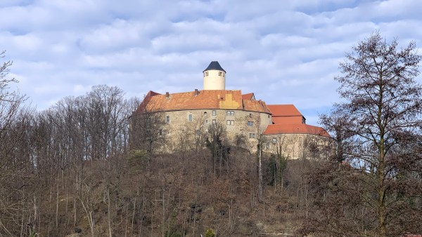 Auf einem baumbewachsenen Berg eine Burg mit rotden Dächern und einem Turm unter leicht bewölktem Himmel