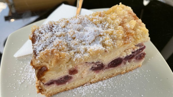 Streuselkuchen mit festem Pudding und Kirschen auf weißem Teller, garniert mit Puderzucker.