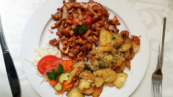 Schweinesteak mit Pfifferlingen, Bratkartoffeln und Rohkost, angerichtet auf einem Teller - Lecker gewürzt