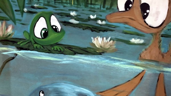Wandbild: Ente, Frosch, Robbe im Wasser vor Ufer mit Seerosen
