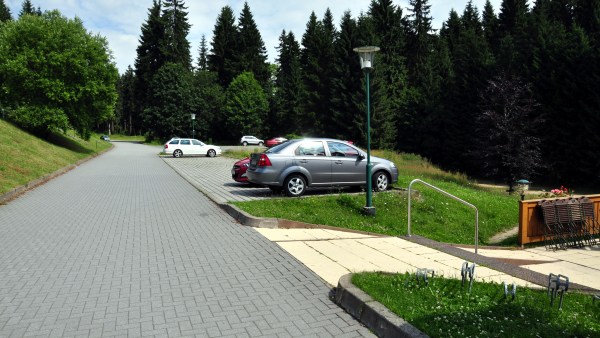 Weg und Parkplatz an Wiese im Wald